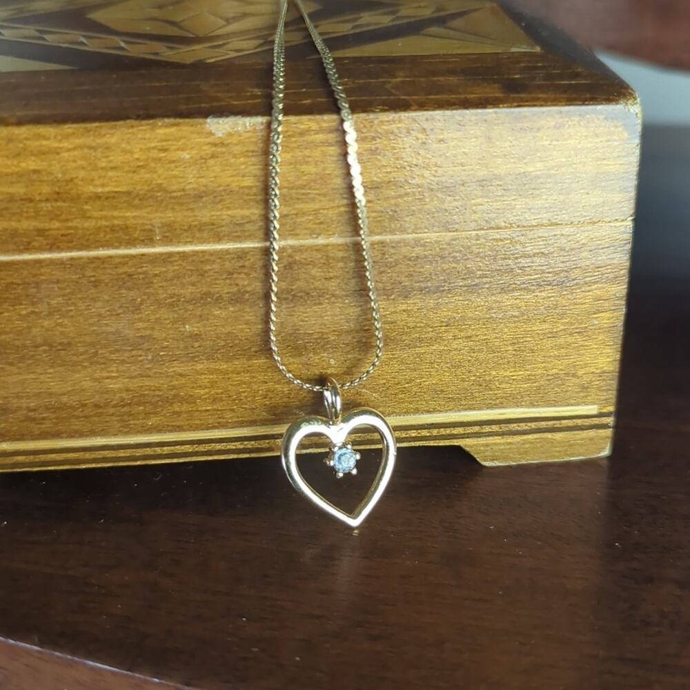 Vintage Gold Tone Heart Necklace Diamond Accent Made in Korea, 1980s
